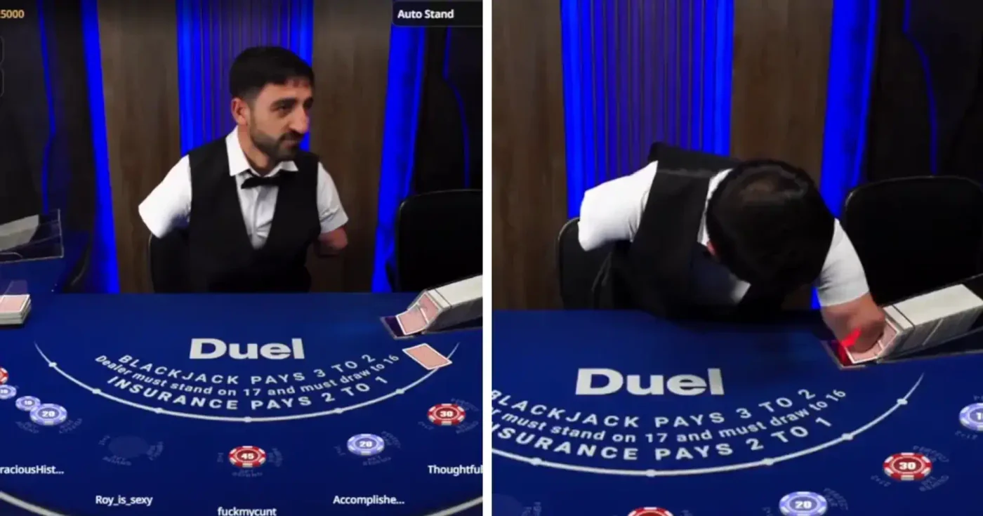 Two-panel screenshot from a Duel blackjack live stream showing the male dealer at the table without hands, with the Duel branded felt reading Blackjack pays 3 to 2 and Insurance pays 2 to 1.