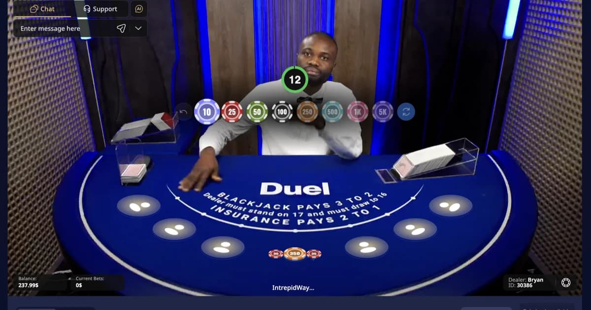 Live dealer Bryan at Duel Blackjack table on Duel.com, with chip selection from $10 to $5,000 and standard 3 to 2 blackjack payouts.